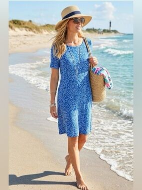 fresh produce vintage Royal Blue Floral-Print resort wear cover up size L